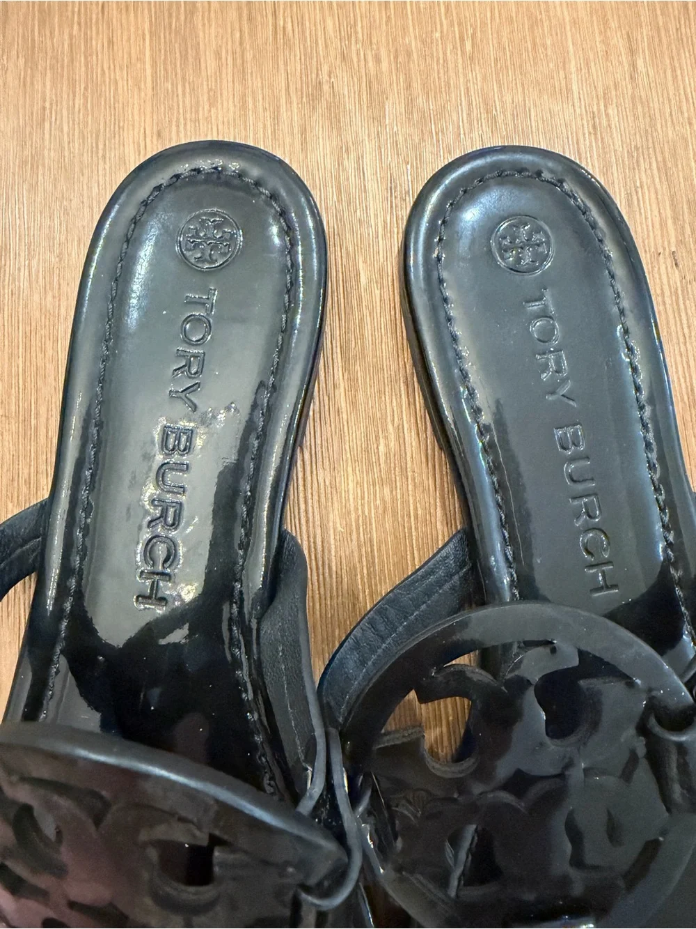 Tory Burch Black Patent Logo Thong Sandals with Gold Accents